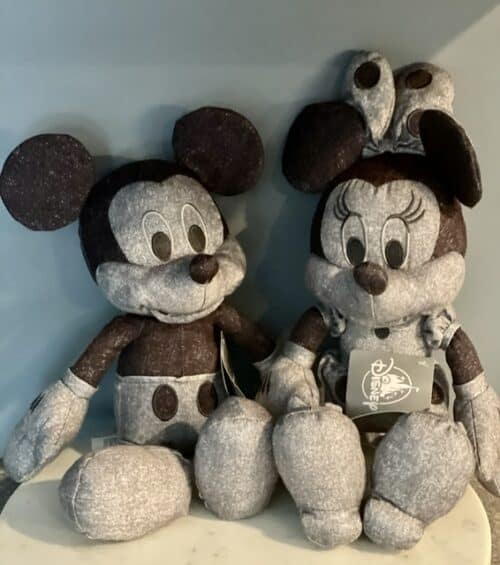 13 inch denim MInnie Mouse and Mickey Mouse plush dolls