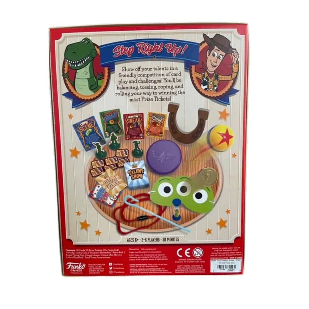 Back of game box for Funko Toy Story Talent Show